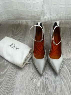 Dior RAF Simons Silver Pointed Toe Ankle Strap Pumps 37.5